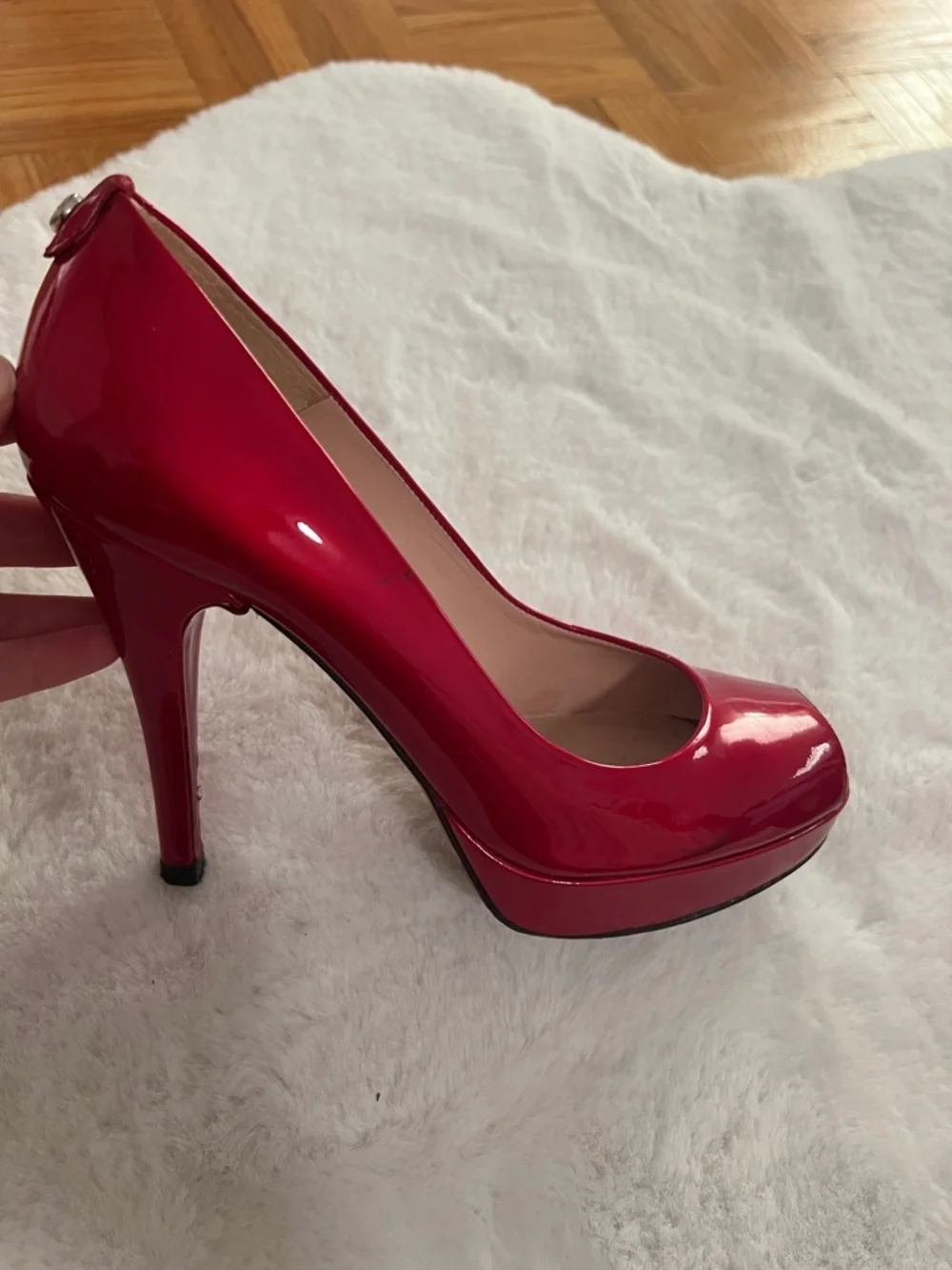 Stuart Weitzman Red Patent Peep-Toe Platform Pumps - Picture 9 of 14